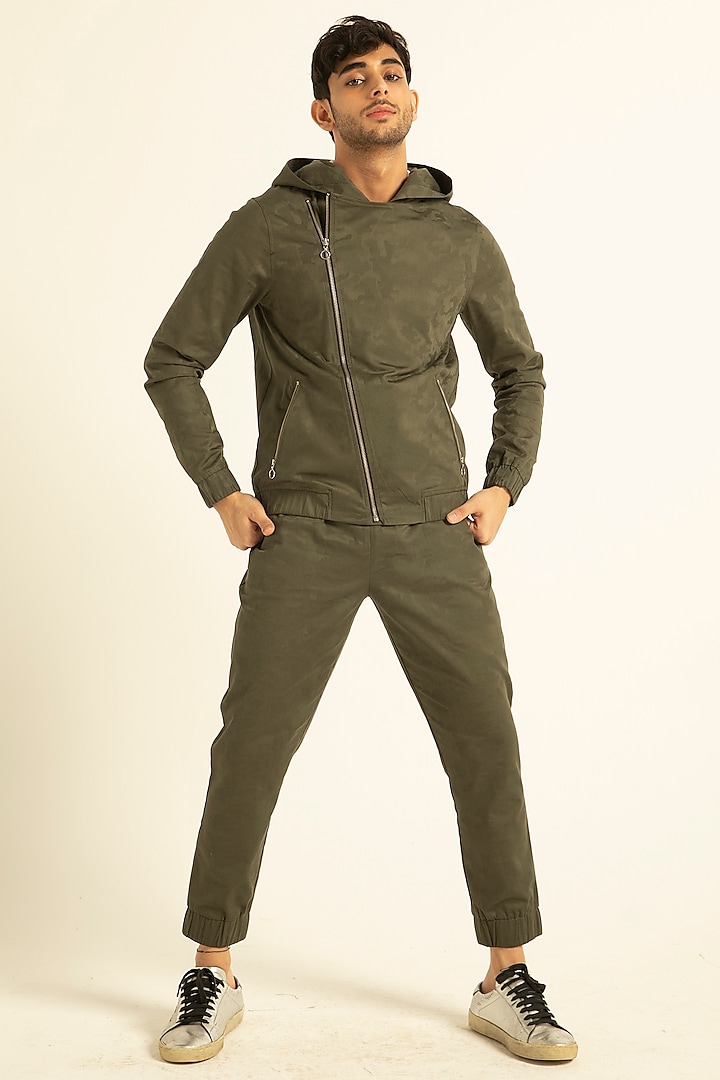 Military Green Polyester Viscose Hoodie by Dash and Dot Men