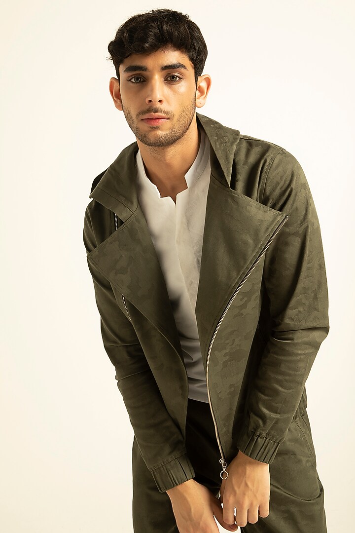 Military Green Polyester Viscose Hoodie by Dash and Dot Men at Pernia's Pop Up Shop