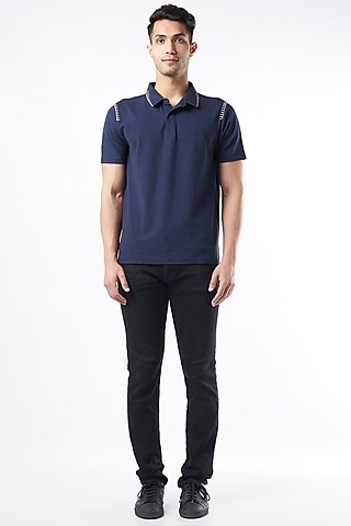 Navy Polyester, Viscose, & Elastane Polo T-Shirt by Dash and Dot Men