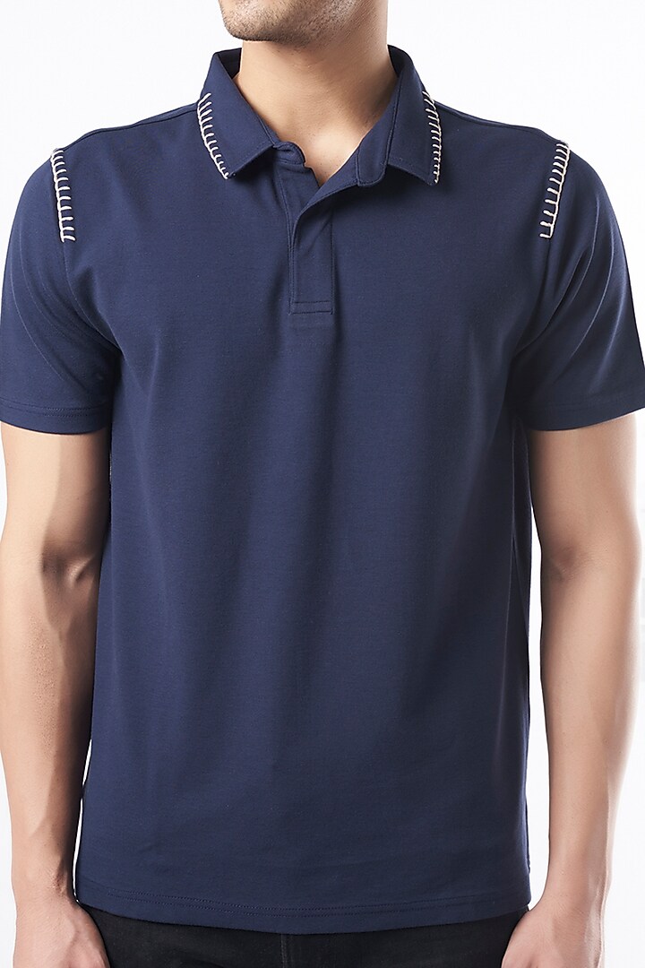 Navy Polyester, Viscose, & Elastane Polo T-Shirt by Dash and Dot Men at Pernia's Pop Up Shop