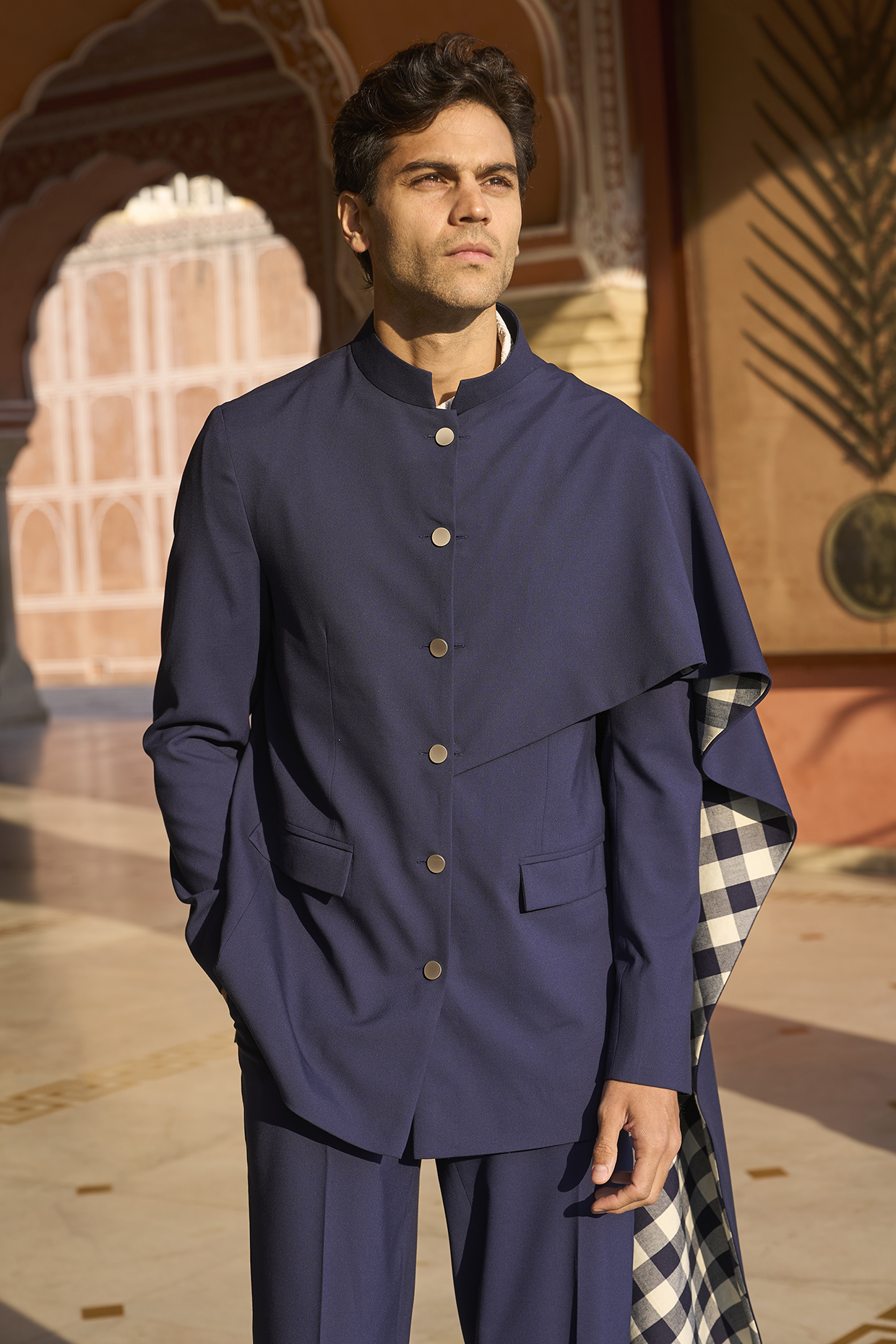 Navy Polyester & Suiting Draped Bandhgala by Dash and Dot Men at Pernia's Pop Up Shop