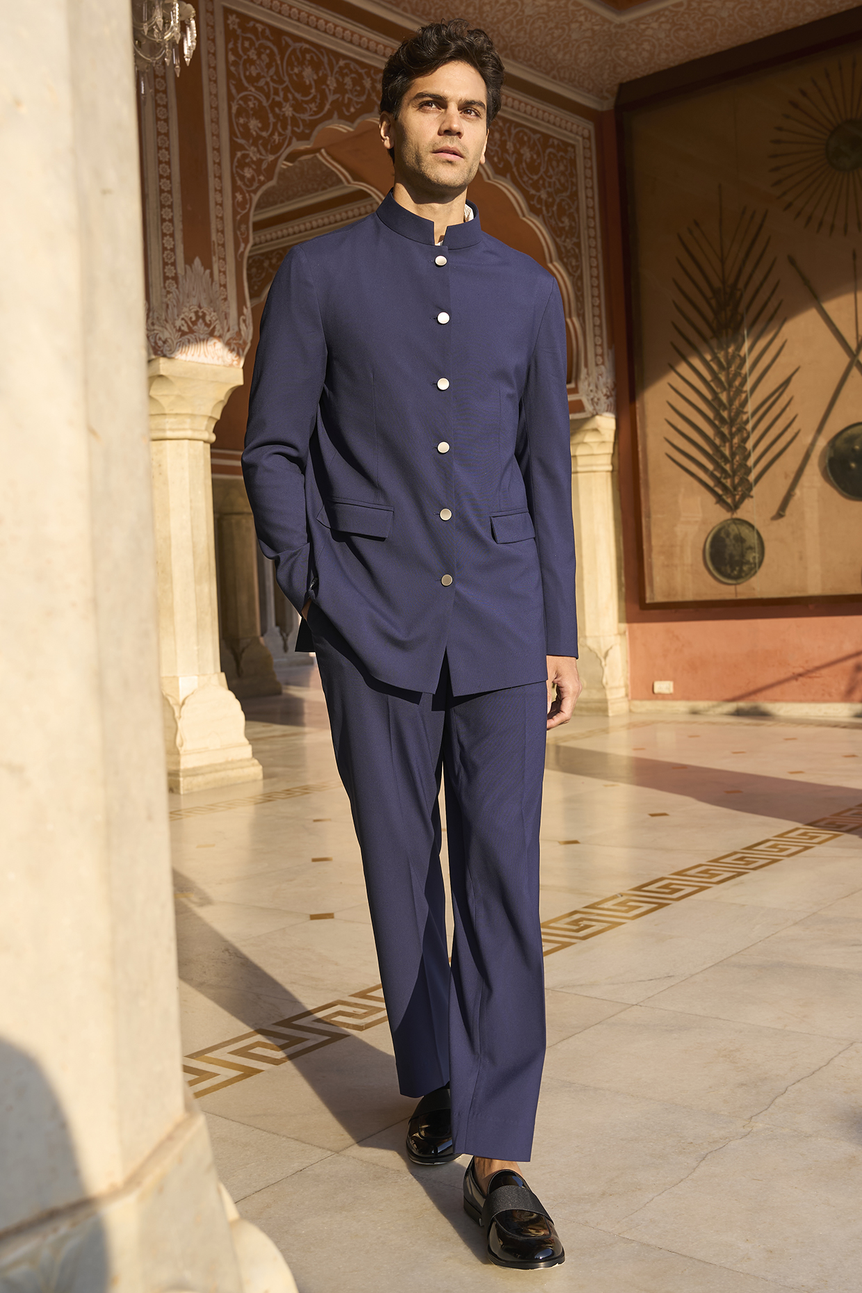 Navy Polyester & Suiting Draped Bandhgala Set by Dash and Dot Men at Pernia's Pop Up Shop