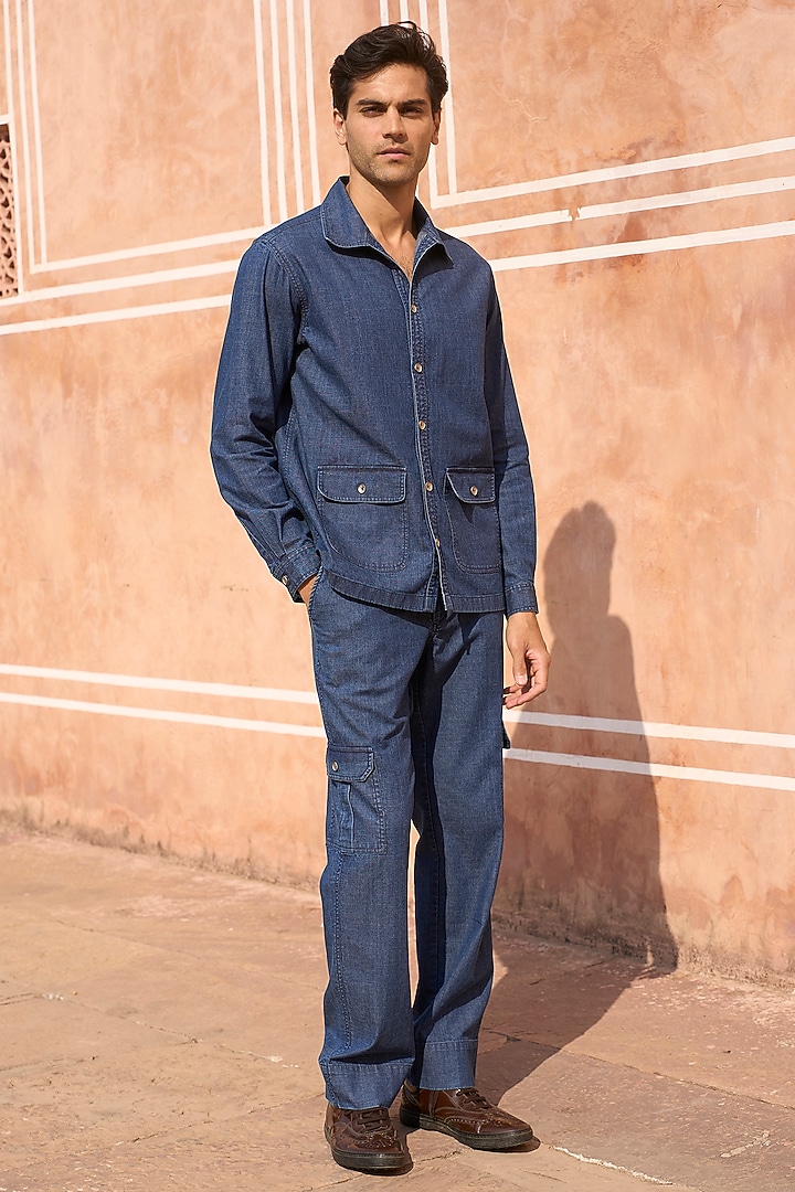 Blue Textured Cotton Washed Denim Summer Shirt by Dash and Dot Men at Pernia's Pop Up Shop