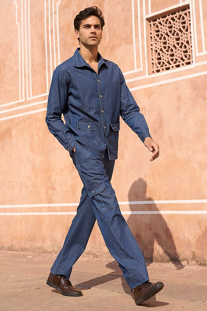 Blue Soft Cotton Denim Cargo Pant by Dash and Dot Men at Pernia's Pop Up Shop