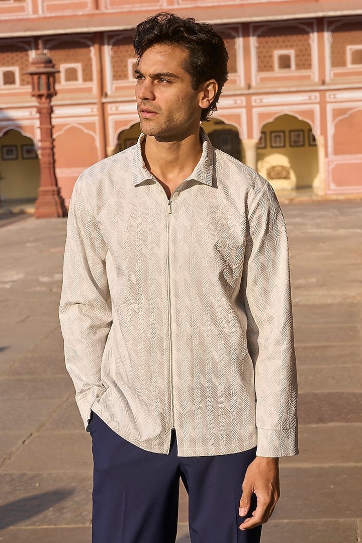 Grey & White Polyester Textured Summer Shirt by Dash and Dot Men at Pernia's Pop Up Shop