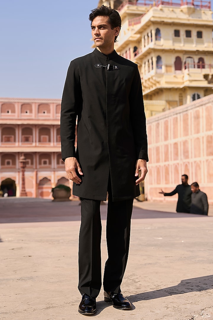 Black Polyester & Viscose Long Toggle Party Wear Shirt by Dash and Dot Men at Pernia's Pop Up Shop