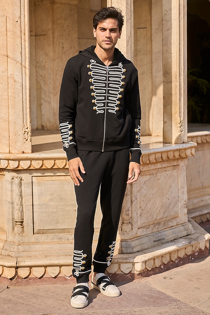 Black Organic Cotton Dori Embroidered Hoodie by Dash and Dot Men at Pernia's Pop Up Shop