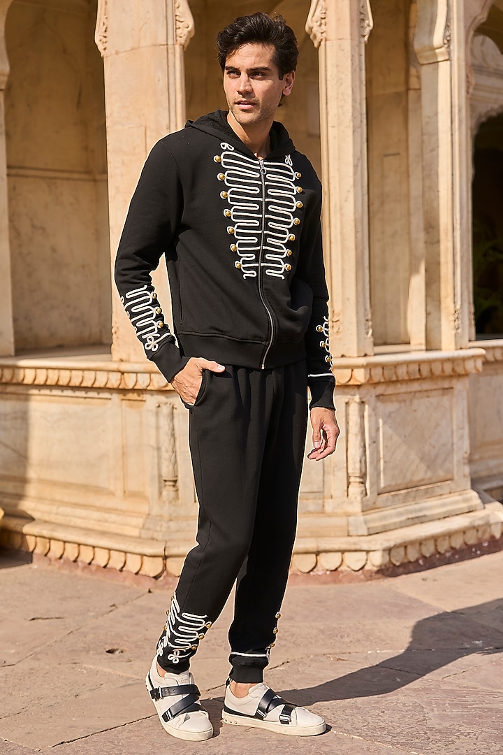 Black Organic Cotton Dori Embroidered Co-Ord Set by Dash and Dot Men at Pernia's Pop Up Shop