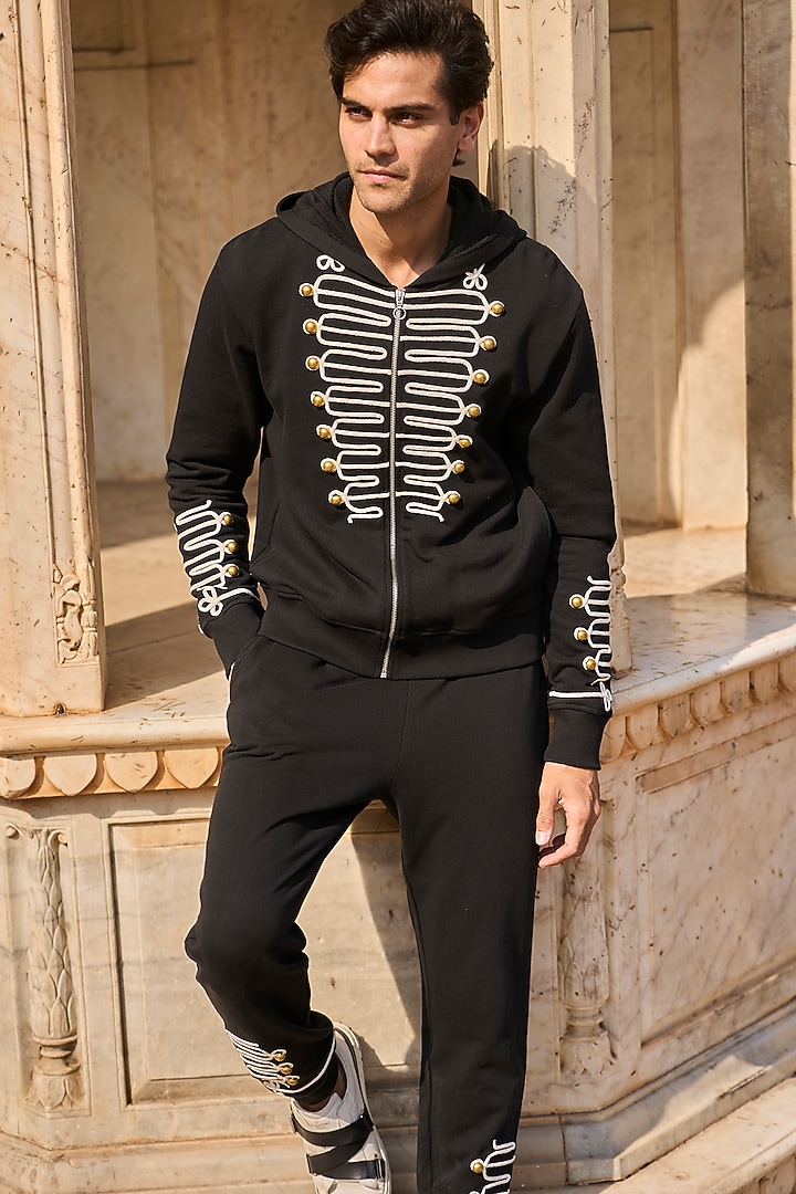 Black Organic Cotton Dori Embroidered Co-Ord Set by Dash and Dot Men at Pernia's Pop Up Shop