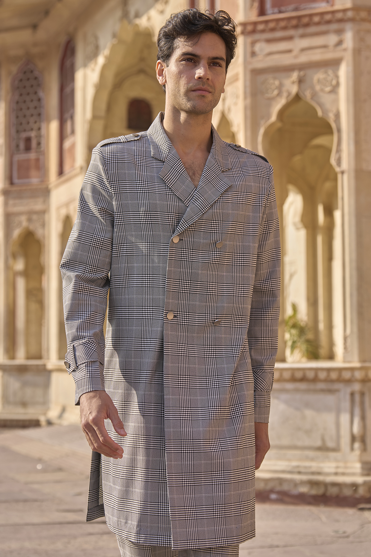 Grey Polyester & Suiting Checkered Long Trench Shirt by Dash and Dot Men