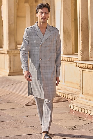 Grey Polyester & Suiting Checkered Trouser Set by Dash and Dot Men