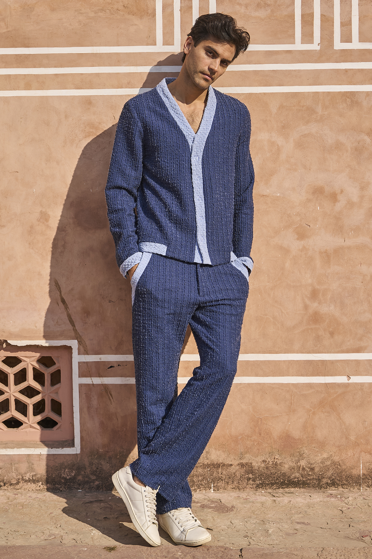 Light Blue Polyester & Spandex Knit Co-Ord Set by Dash and Dot Men at Pernia's Pop Up Shop