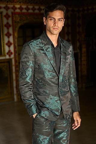 Green & Black Polyester Blazer by Dash and Dot Men