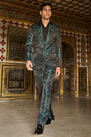 Green & Black Polyester Blazer Set by Dash and Dot Men