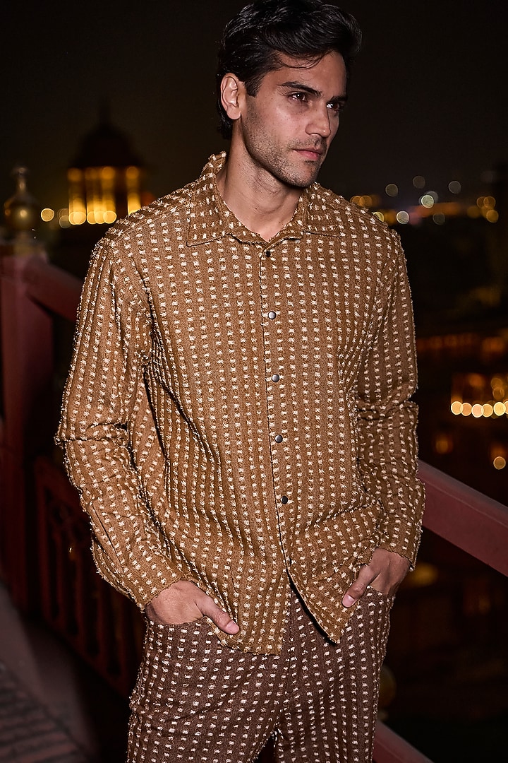 Brown Cotton Polyester Boxy Textured Party Wear Shirt by Dash and Dot Men at Pernia's Pop Up Shop
