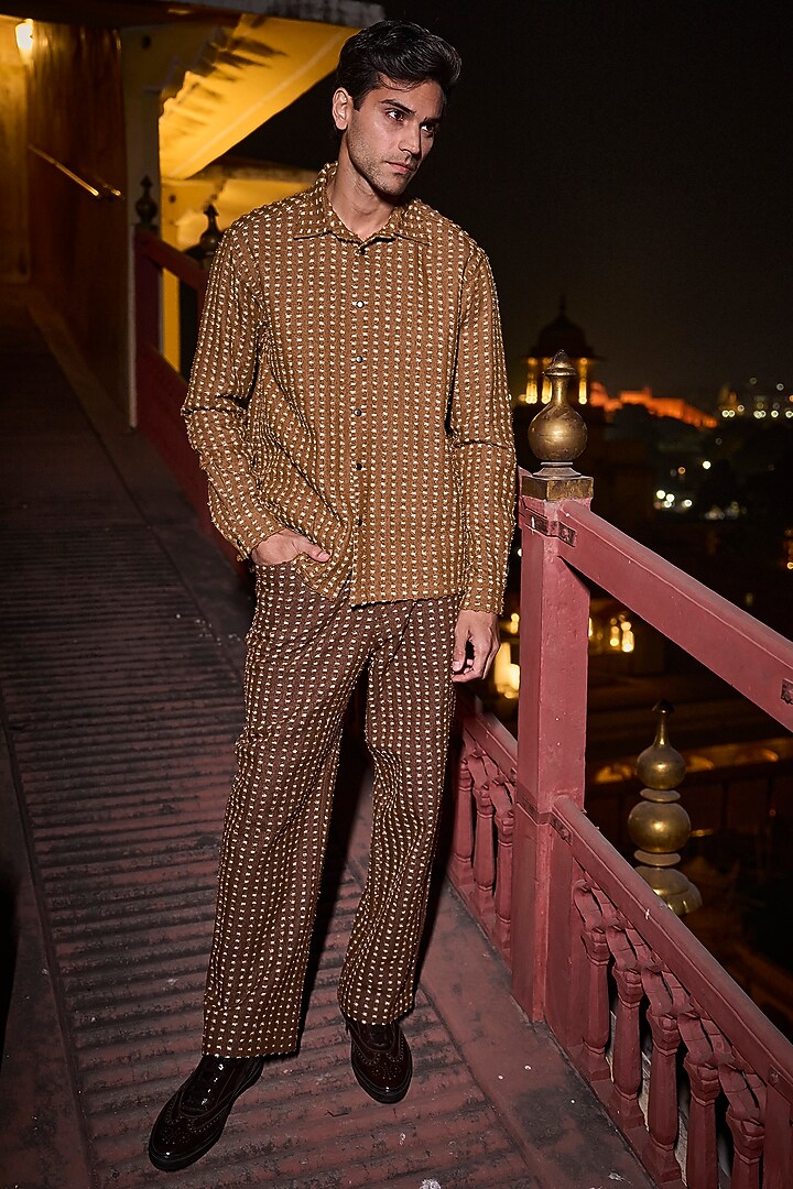 Brown Cotton Polyester Boxy Textured Straight-Cut Denim Pants by Dash and Dot Men at Pernia's Pop Up Shop