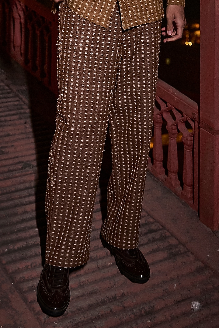 Brown Cotton Polyester Boxy Textured Straight-Cut Denim Pants by Dash and Dot Men at Pernia's Pop Up Shop