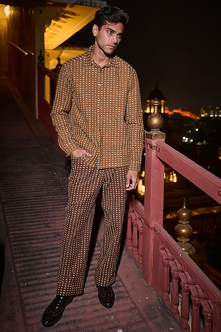 Brown Cotton Polyester Boxy Textured Straight-Cut Denim Pant Set by Dash and Dot Men at Pernia's Pop Up Shop