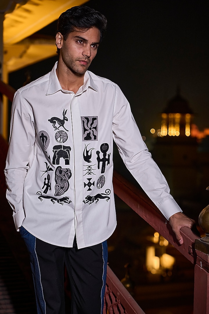 Ivory Organic Cotton Thread Embroidered Summer Shirt by Dash and Dot Men at Pernia's Pop Up Shop
