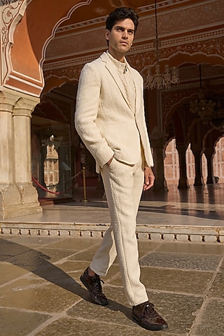 Ivory Polyester Blazer Set by Dash and Dot Men