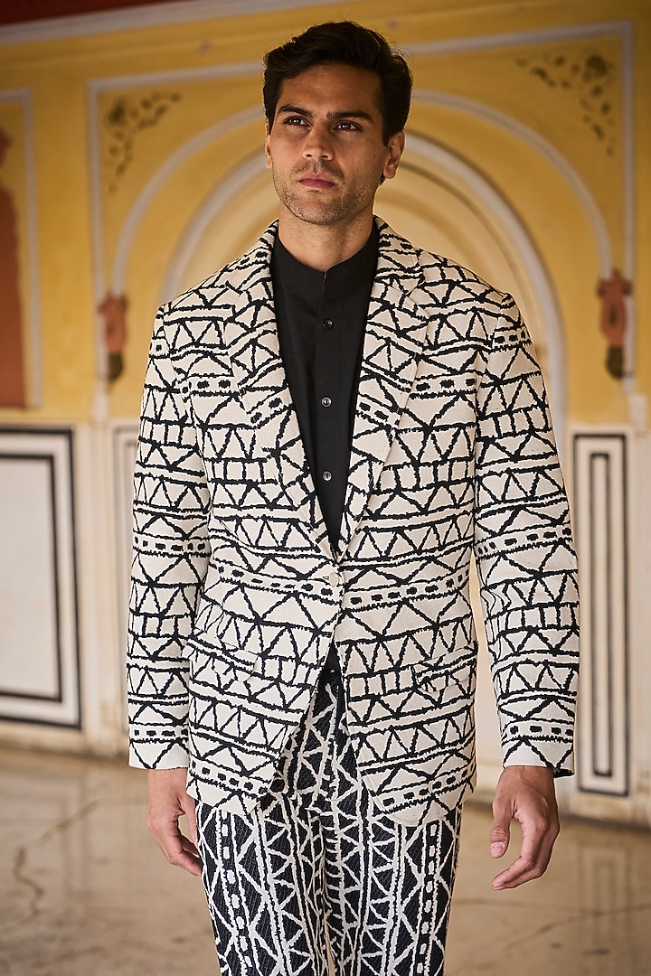 Black & White Cotton Monochrome Geometric Pattern Jacquard Blazer Set by Dash and Dot Men at Pernia's Pop Up Shop