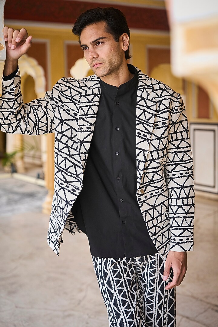 Black & White Cotton Monochrome Geometric Pattern Jacquard Blazer Set by Dash and Dot Men at Pernia's Pop Up Shop