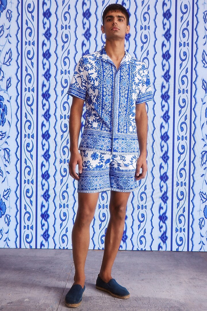 Blue & White Polyester Printed Summer Shirt by Dash and Dot Men at Pernia's Pop Up Shop