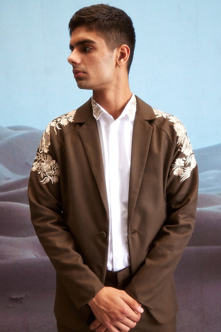 Brown Cotton & Polyester Embroidered Blazer Set by Dash and Dot Men at Pernia's Pop Up Shop