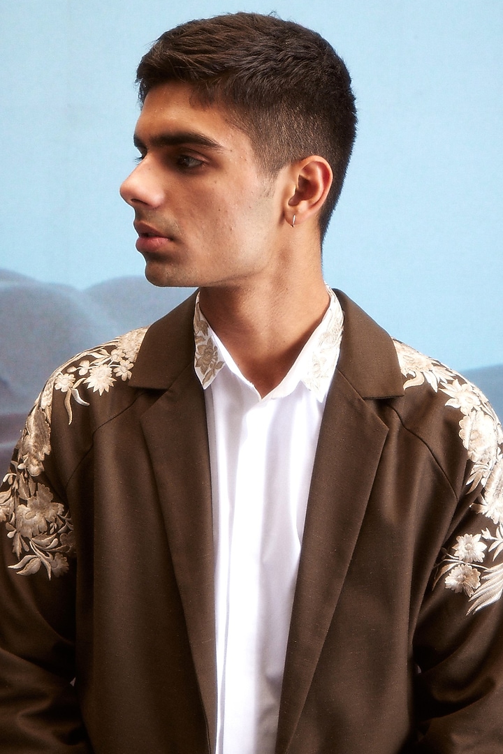 Brown Cotton & Polyester Embroidered Blazer Set by Dash and Dot Men at Pernia's Pop Up Shop
