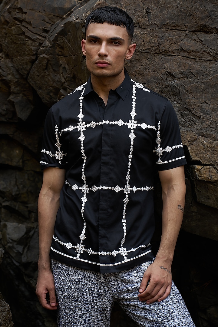 Black Cotton Poplin Embroidered Shirt by Dash and Dot Men