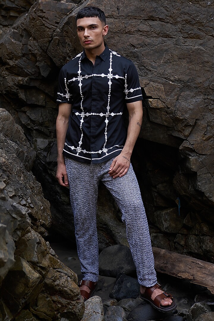 Black Cotton Poplin Embroidered Summer Shirt by Dash and Dot Men at Pernia's Pop Up Shop