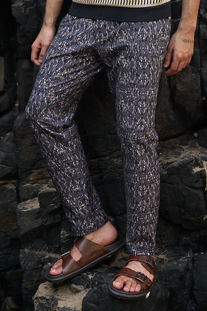 Black Stretch Cotton Twill Printed Pants by Dash and Dot Men at Pernia's Pop Up Shop