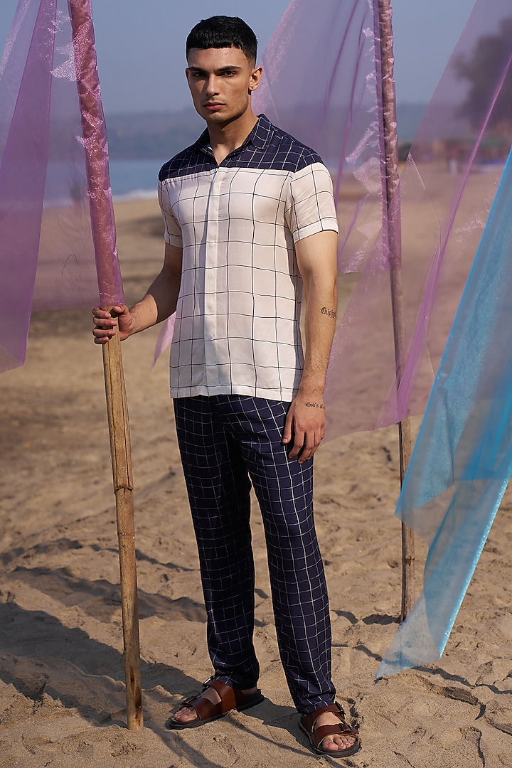 Navy Tencel Printed Straight Pants by Dash and Dot Men at Pernia's Pop Up Shop