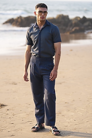 Navy Polyester Viscose Pants by Dash and Dot Men