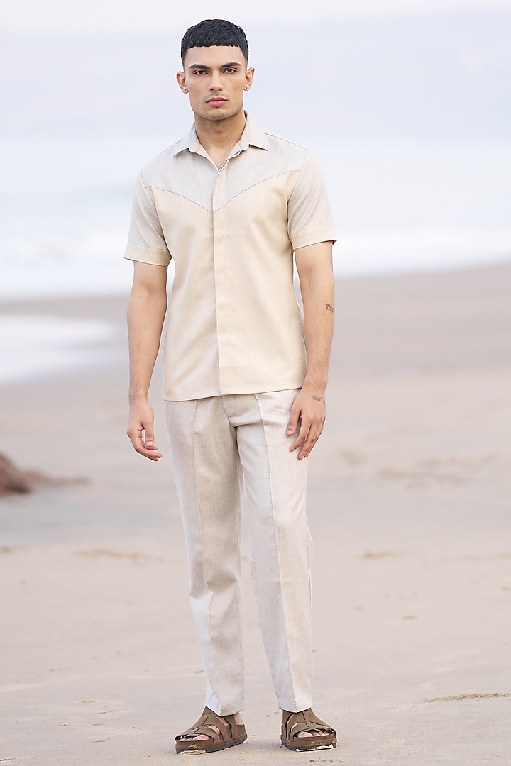 Beige Polyester Viscose Co-Ord Set by Dash and Dot Men