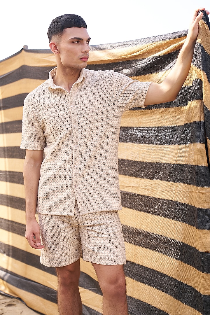 Beige Cotton Textured Shirt by Dash and Dot Men