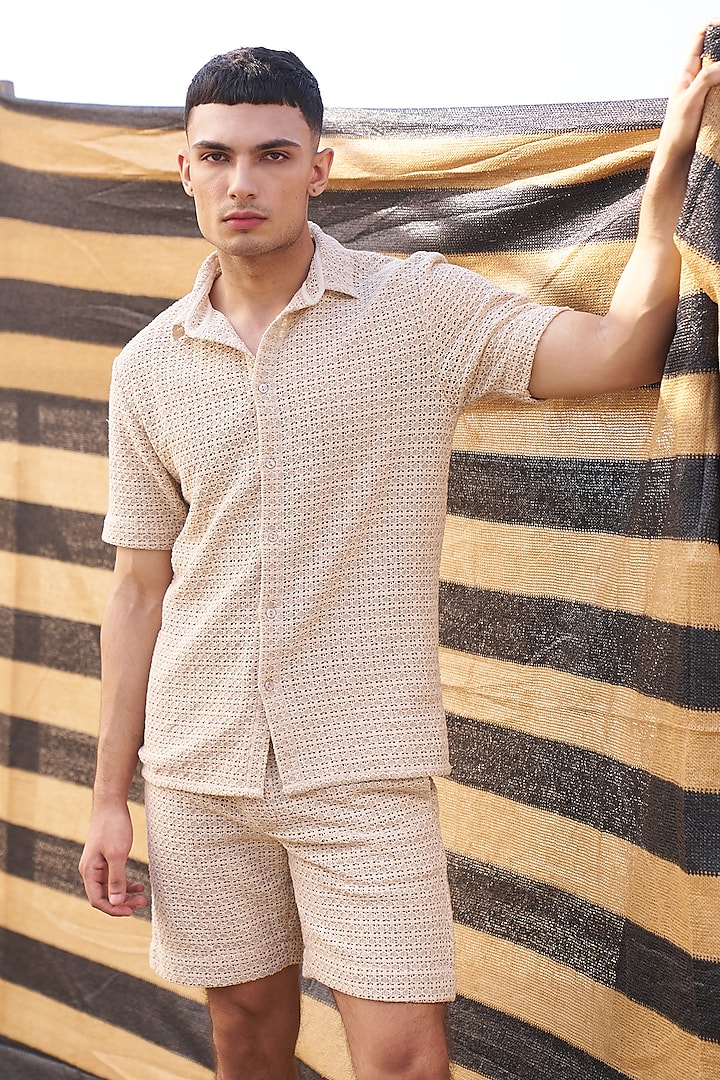 Beige Cotton Textured Shorts by Dash and Dot Men