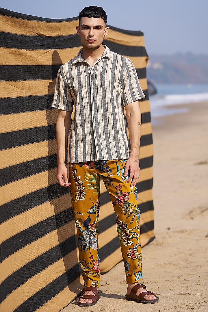 Mustard Cotton Printed Pants by Dash and Dot Men