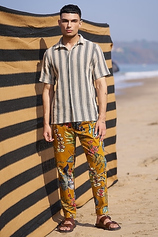 Mustard Cotton Printed Pants by Dash and Dot Men