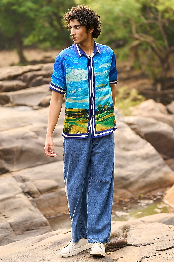 Multi-Colored Satin Hand Painted Printed Summer Shirt by Dash and Dot Men at Pernia's Pop Up Shop