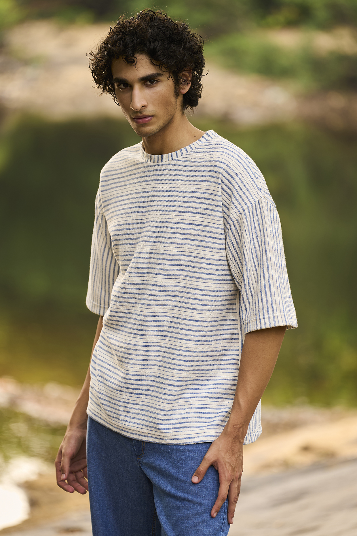 Blue & White Organic Cotton Textured Striped Printed T-Shirt by Dash and Dot Men