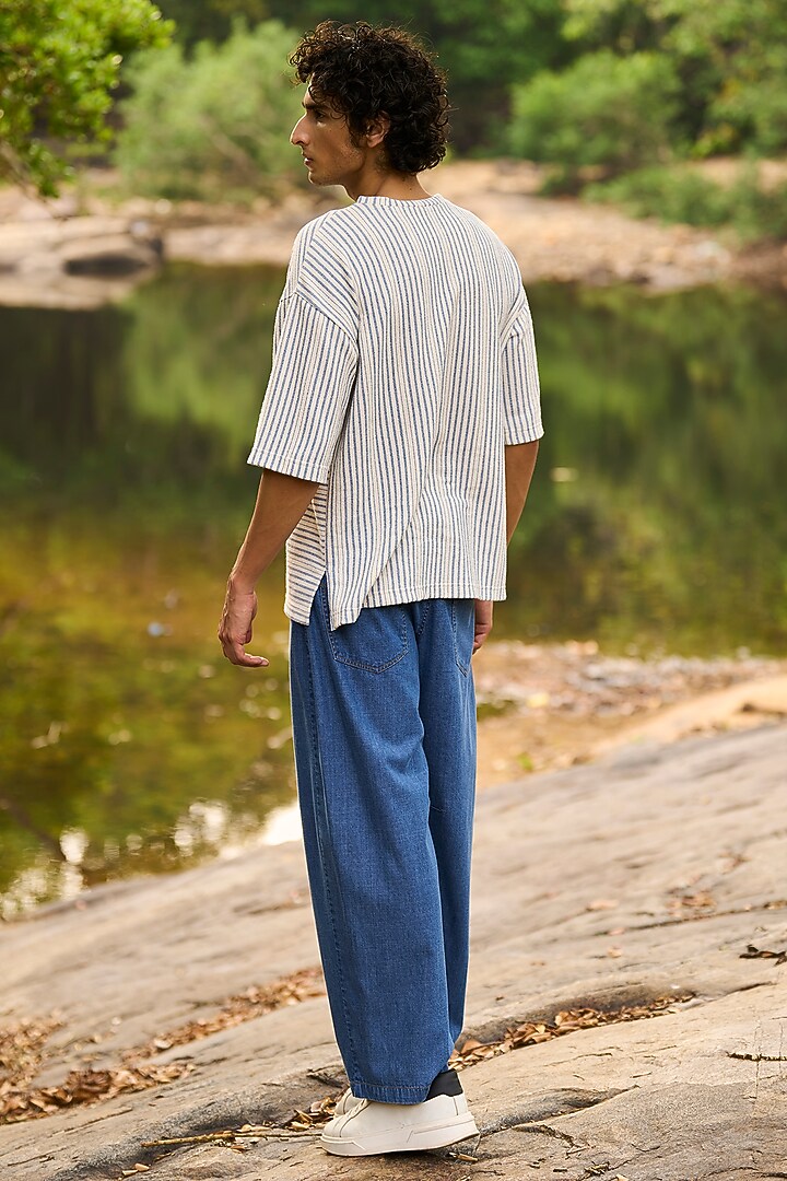 Blue & White Organic Cotton Textured Striped Printed T-Shirt by Dash and Dot Men at Pernia's Pop Up Shop