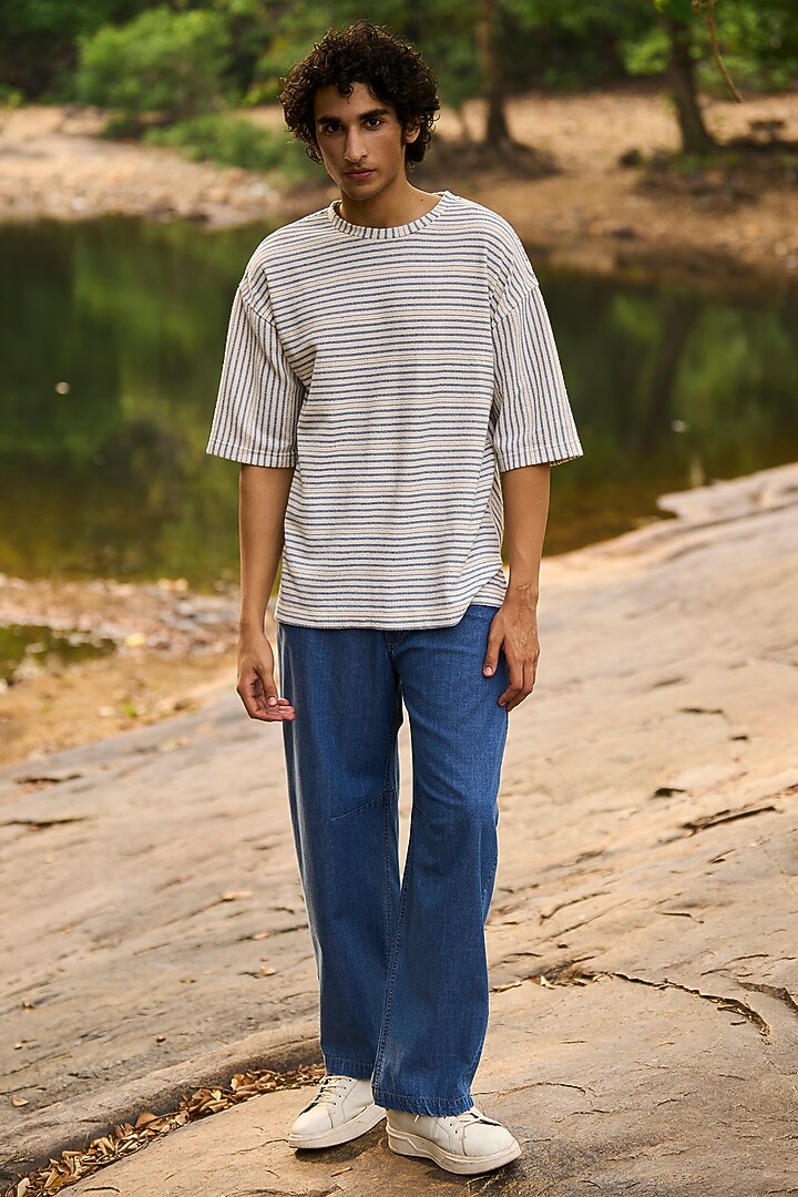 Blue & White Organic Cotton Textured Striped Printed T-Shirt by Dash and Dot Men at Pernia's Pop Up Shop