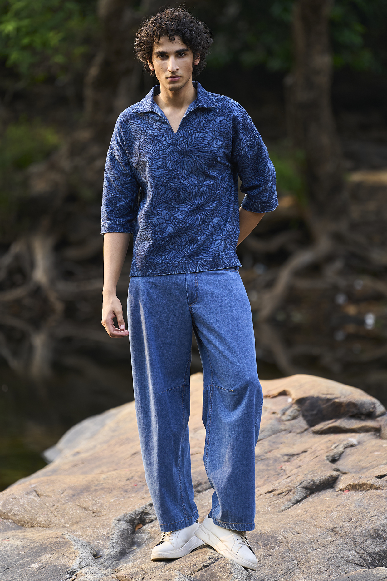 Blue Washed Denim & Organic Cotton Embroidered Popover Shirt by Dash and Dot Men