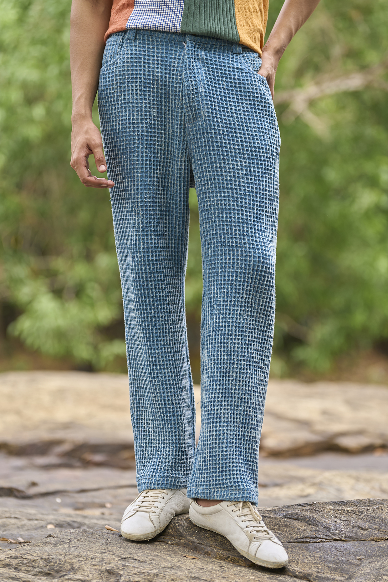 Blue Organic Cotton Wash Textured Pant by Dash and Dot Men