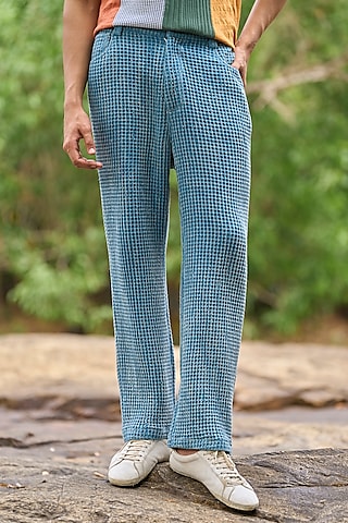 Blue Organic Cotton Wash Textured Pant by Dash and Dot Men