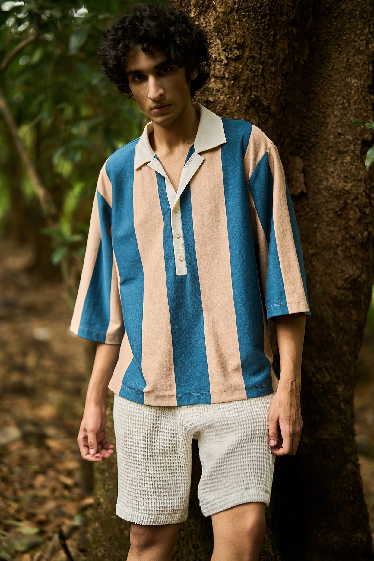Teal & Khaki Brown Organic Cotton Striped Popover T-Shirt by Dash and Dot Men