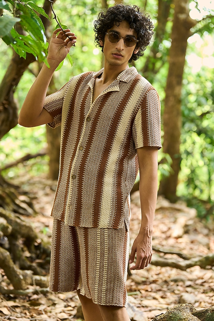 Brown & Off-White Organic Cotton Striped Summer Shirt by Dash and Dot Men at Pernia's Pop Up Shop