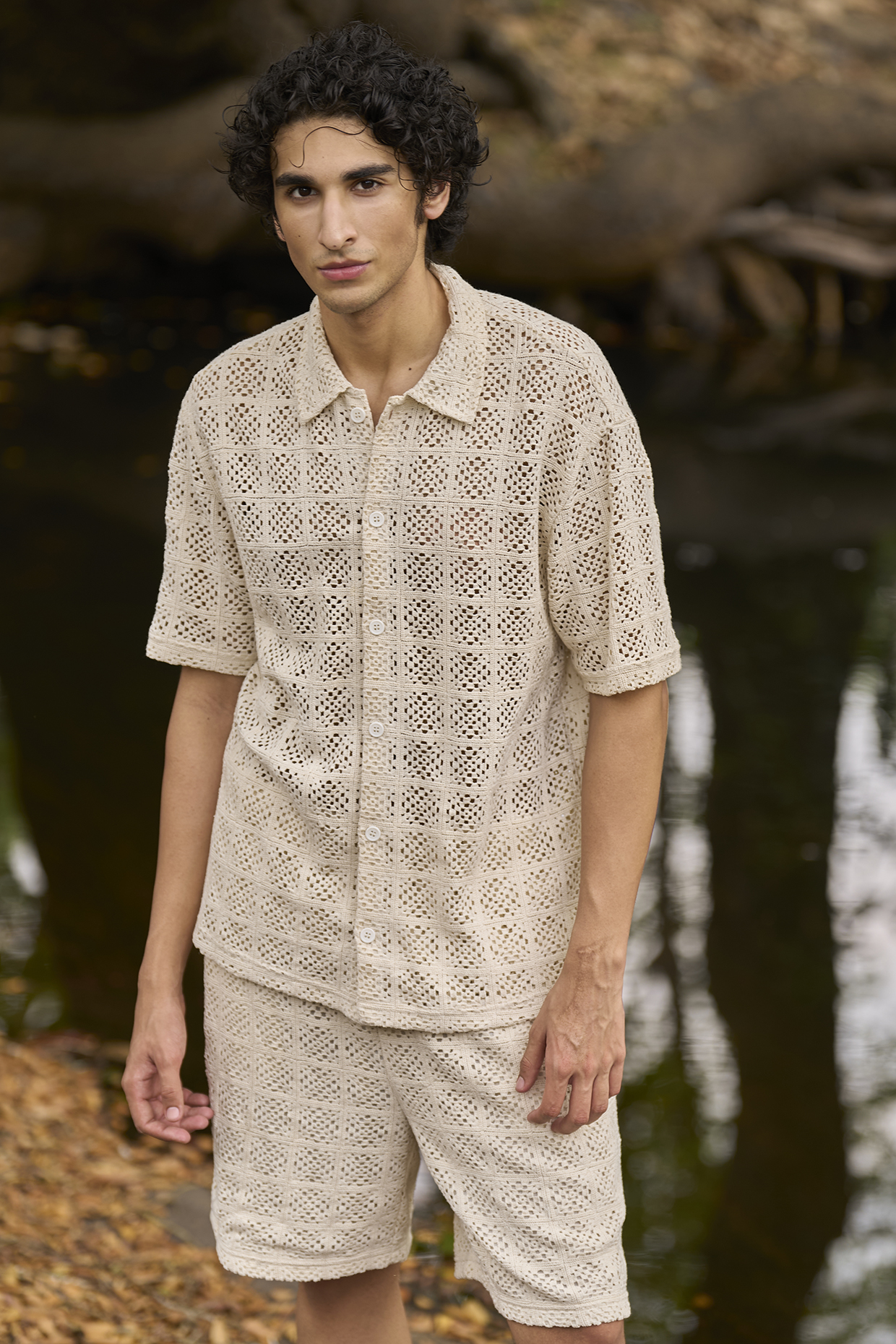 Beige Organic Cotton Crochet Shirt by Dash and Dot Men