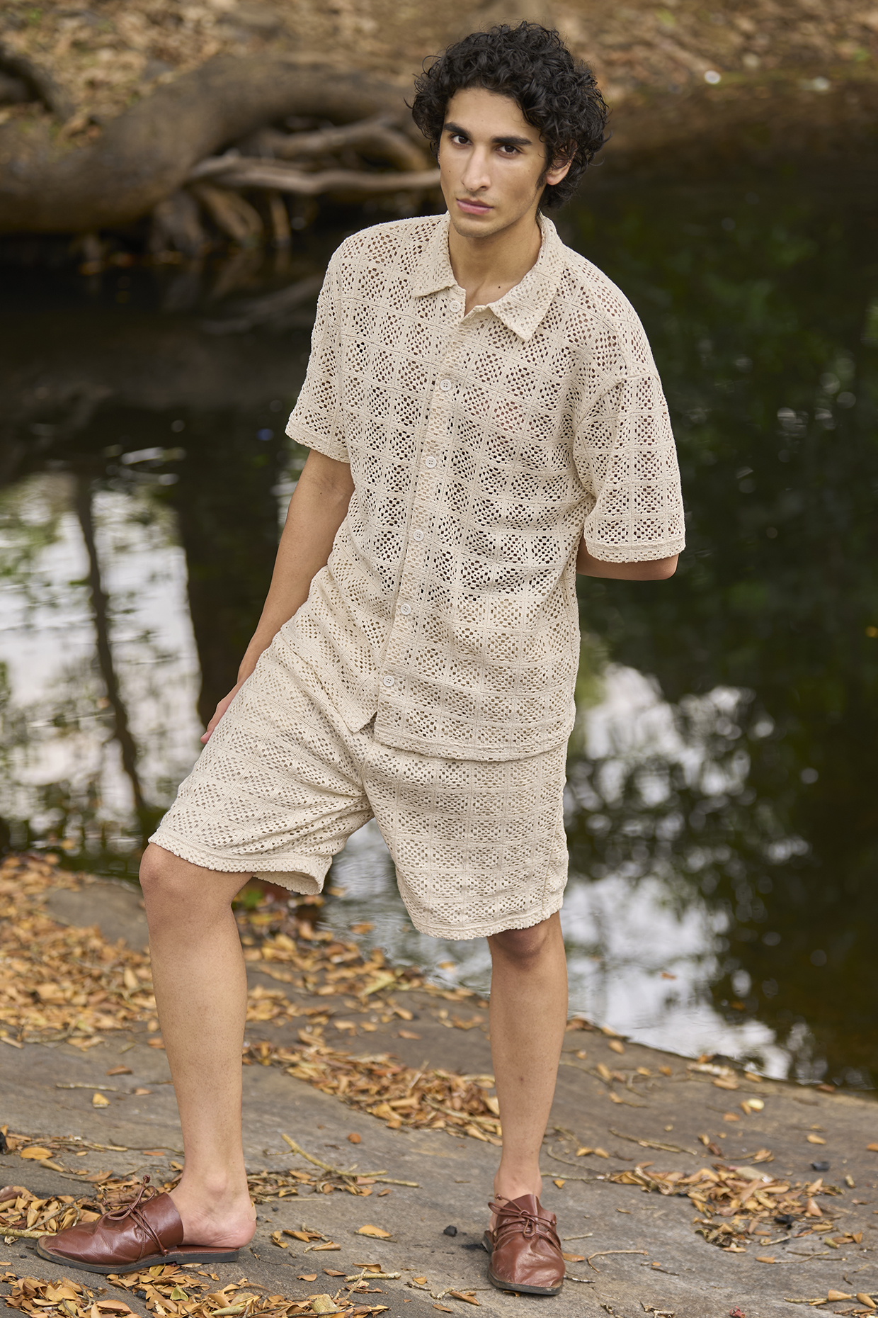 Beige Organic Cotton Crochet Knit Shorts by Dash and Dot Men